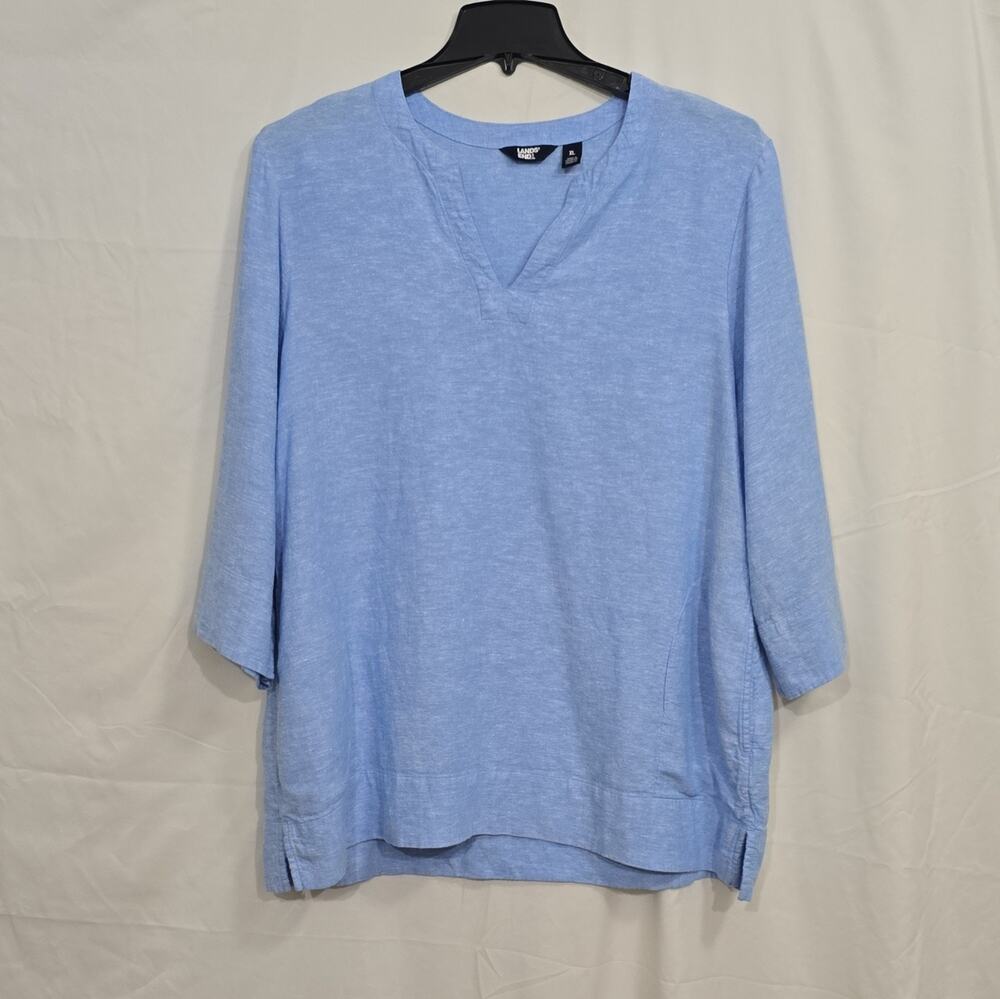 Lands' End Womens XL Blue Solid V-Neck 3/4 Sleeve Linen Viscose Tunic Pockets